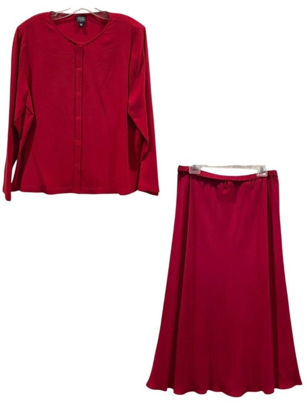 Eileen Fisher 100% Silk Shirt Maxi Skirt Matching Set Red PM Holidays Romantic
